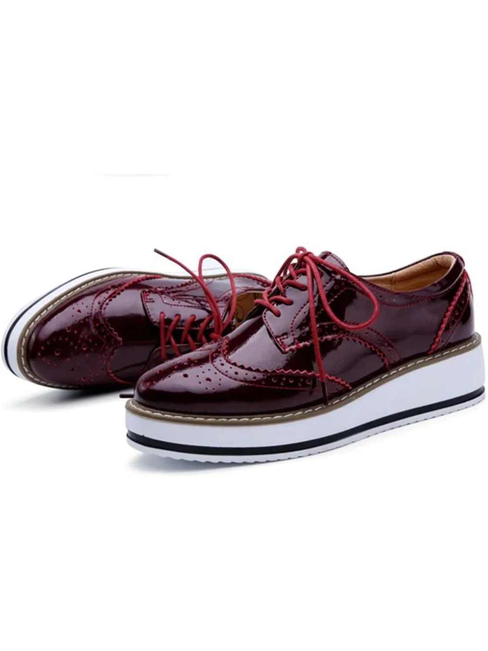 Women's Rose Round Toe Lace Up Leather Oxford Shoes Wingtip White Platform